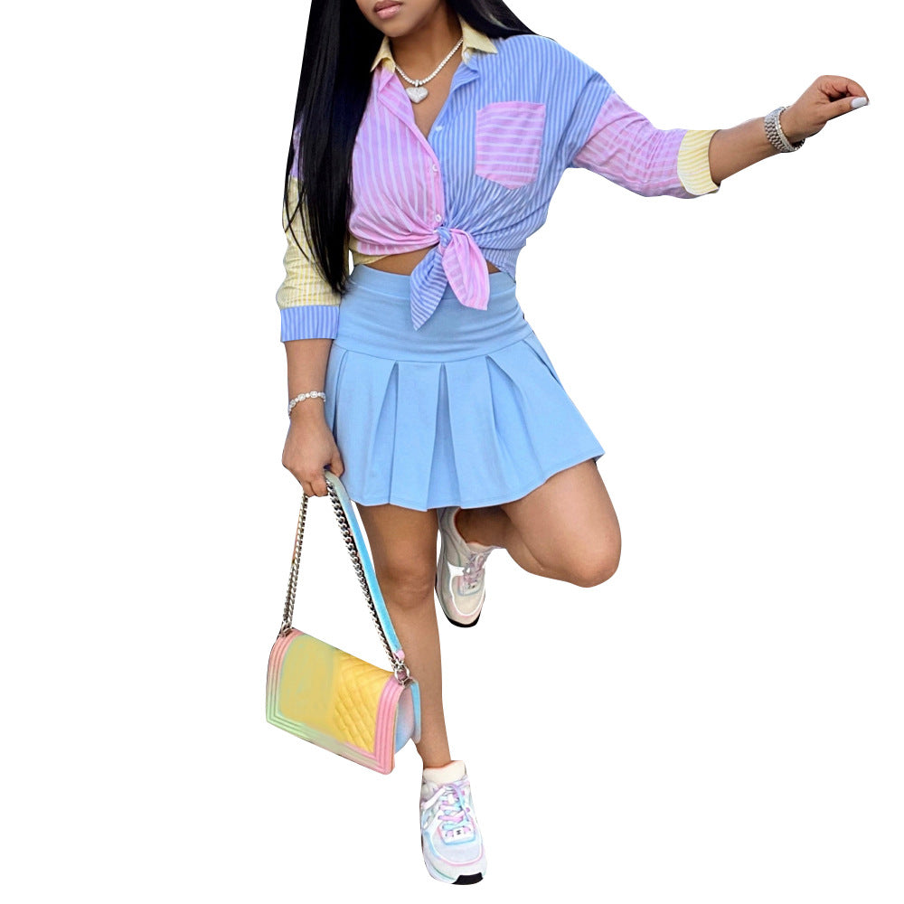 Women Striped Print Three-quarter Sleeve Shirt and Skirt Two-piece Set 7