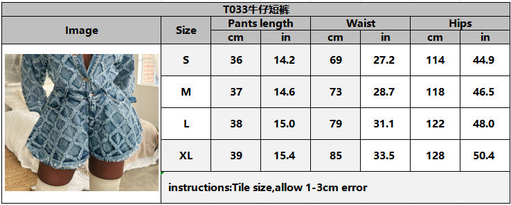 Women diamond raw edge hook flower washed cardigan Top and shorts two-piece set 6