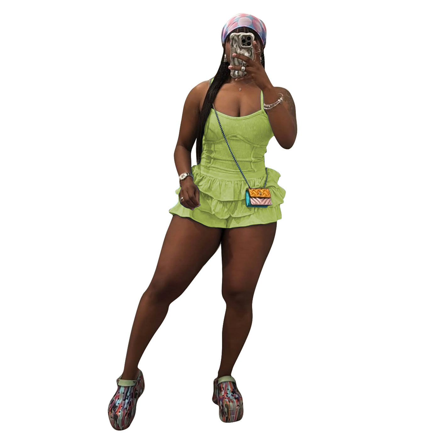 Women's Solid Strap Tank Top and Ruffled Shorts Set 10