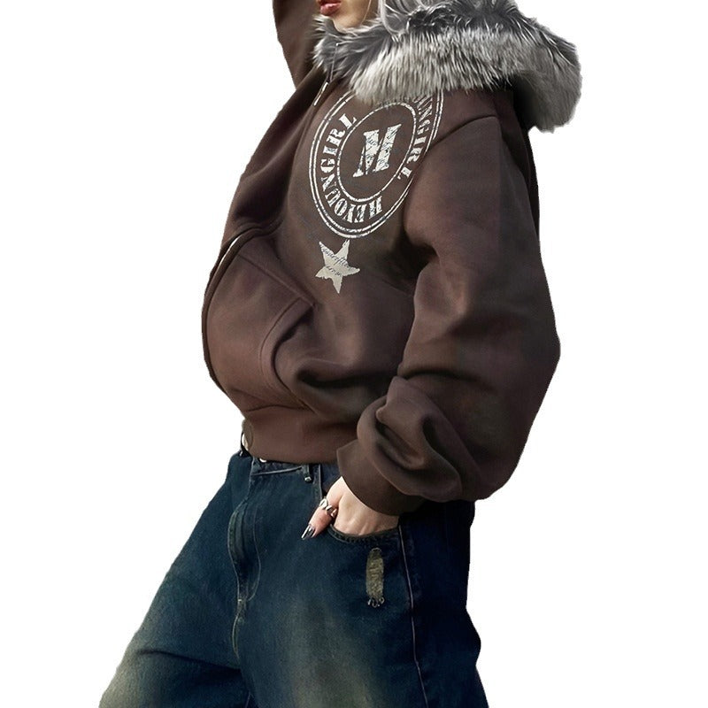 Winter Plush Hooded Badge Print Retro Jacket Loose Plus Size Casual Zipper Hoodies 6