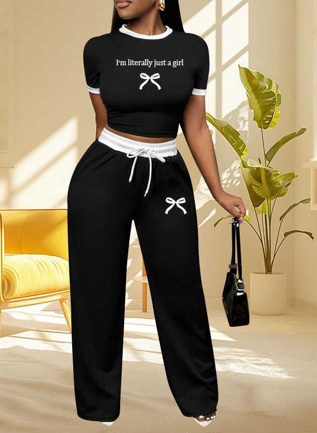 Sexy Color Matching Round Neck Short Sleeve T-Shirt High Waist Drawstring Trousers Two-Piece Set 3