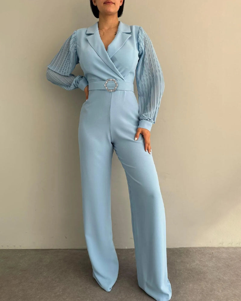 Women Career pleated long sleeve Patchwork Turndown Collar belt wide leg jumpsuit 3
