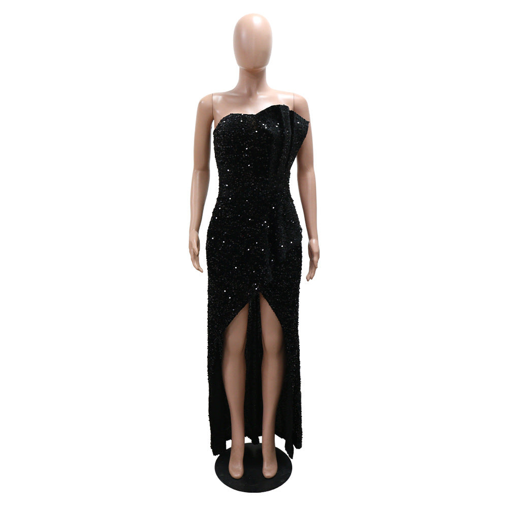 Women sequined sexy strapless irregular dress 6