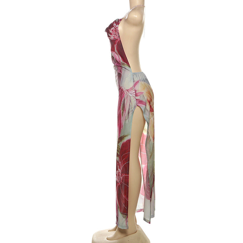 Women sexy Backless lace Halter Neck French slit dress 7