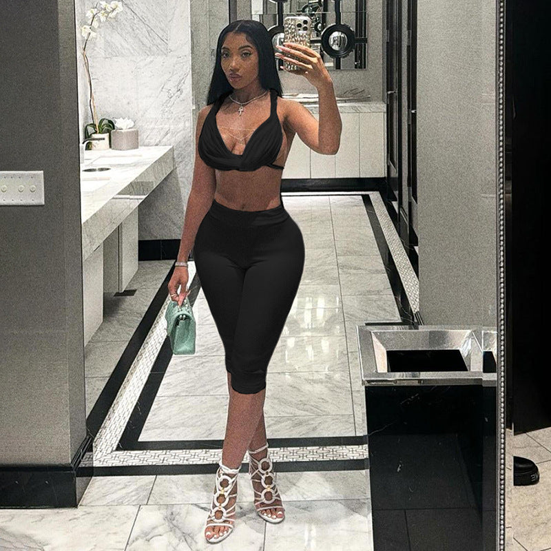 Women Halter Neck Backless Lace Tank Top and Solid Cropped Pants two-piece set 7