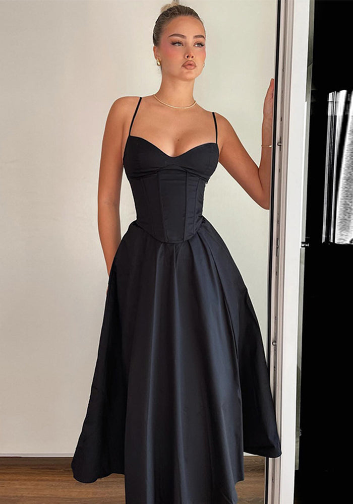 Chic Solid Color Black Strap Slim A-Line Long Dress