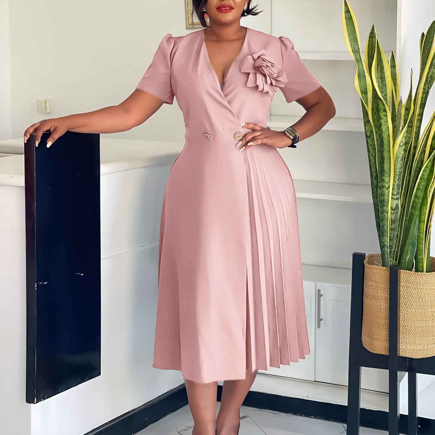 Women's Summer V-Neck Fashion Short Sleeve Solid Color Elegant Pleated African Dress 7