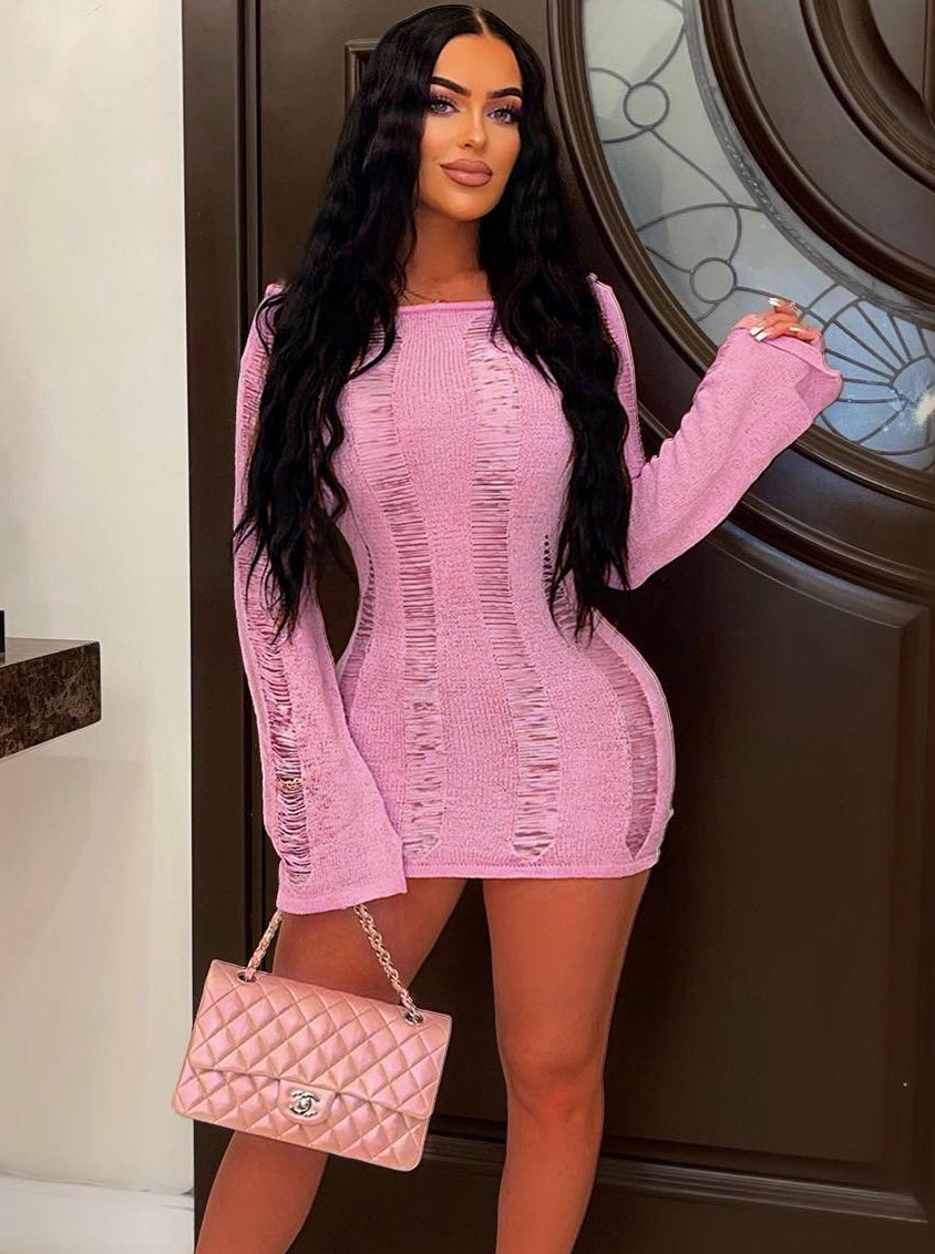 Women's Sexy Hollow Thin Long Sleeve Top Round Neck Hollow Back Dress 3