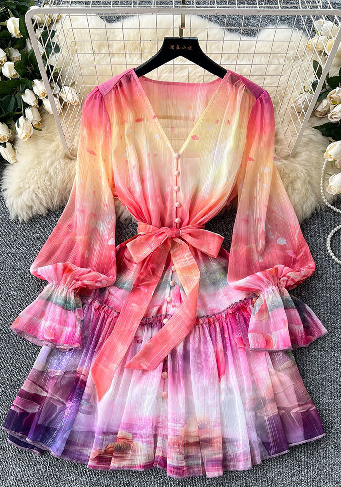 Bell Sleeve Dress Women's Bell Sleeve Floral Slim WaistBelt V-Neck Ruffle Mini Dress
