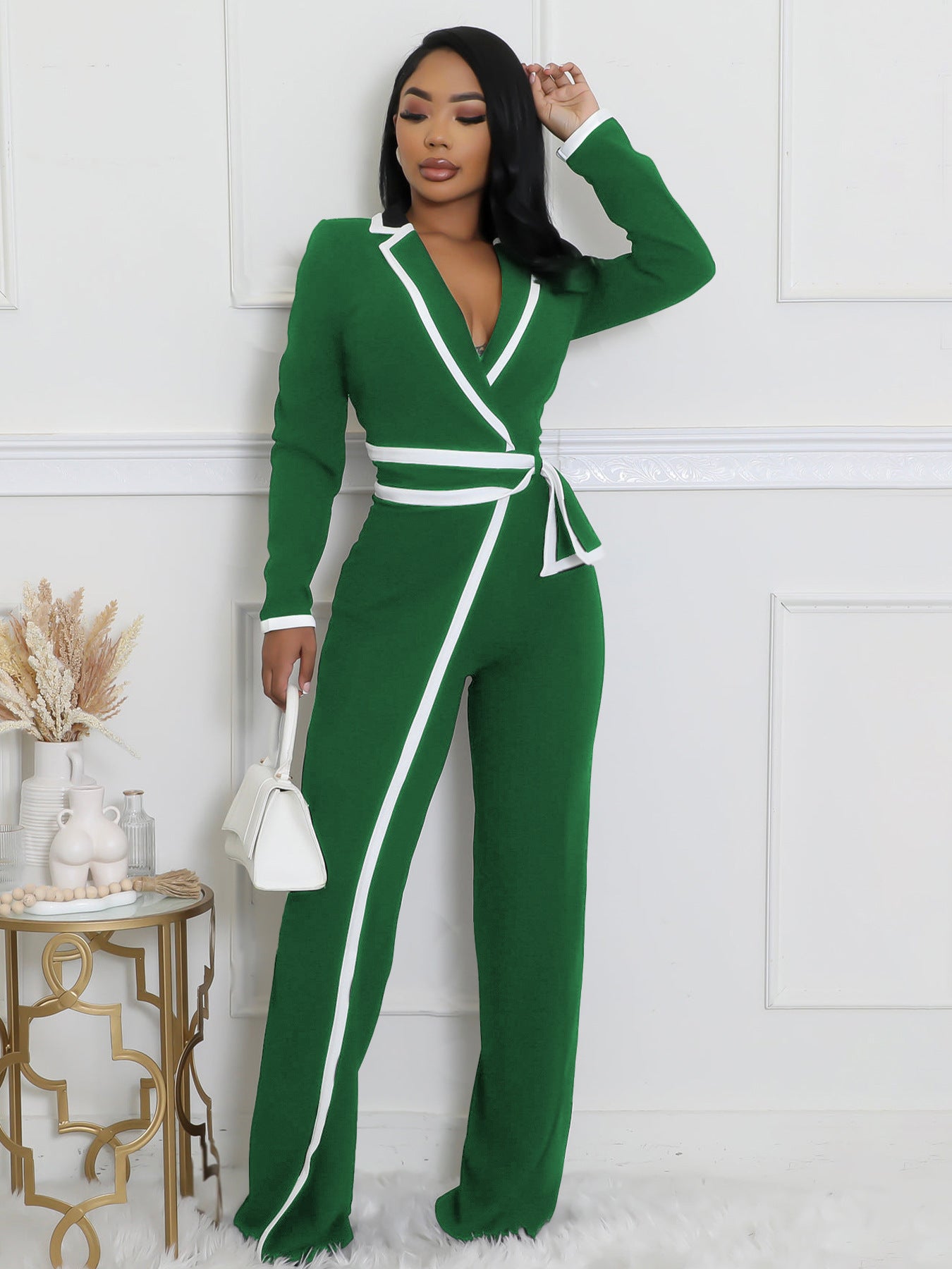 Women autumn and winter belt contrast color long-sleeved Jumpsuit 5
