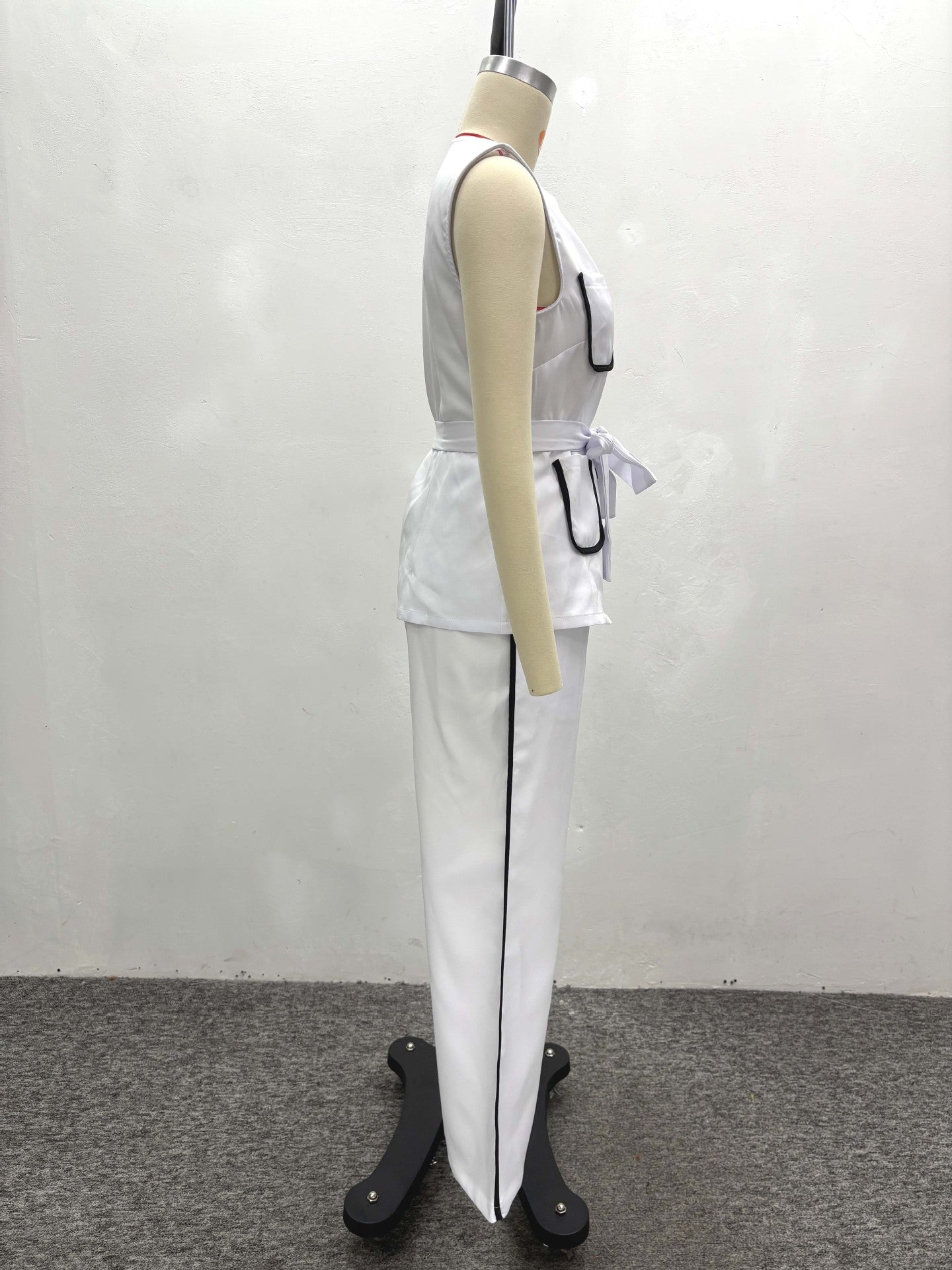 Contrast Color Pocket Chic Elegant Belt Vest & Pants African Women's Two-Piece Set 6