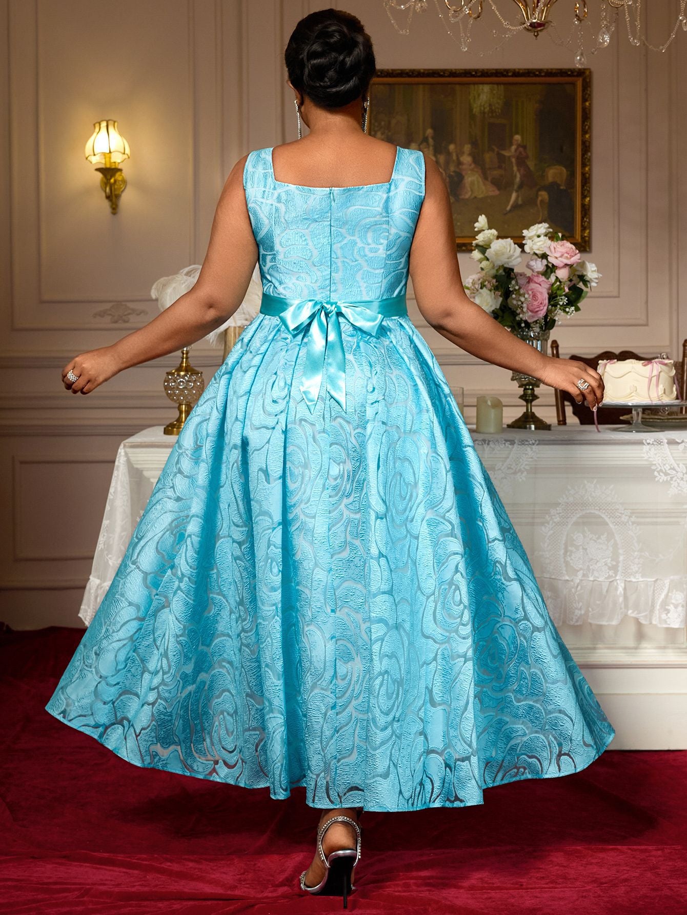 Women's Sexy V-Neck Strap Dress Jacquard High Waist Fashion Elegant Formal Party A-Line Evening Gown Dress 3