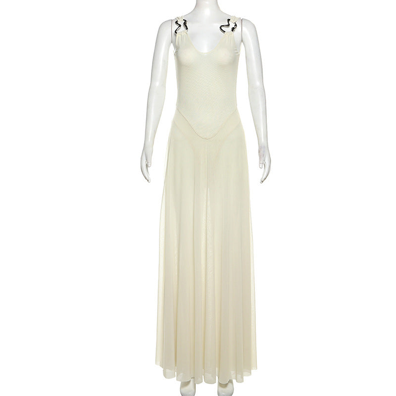 Women Spring Sexy V Neck Backless Suspender Mesh Maxi Dress 7