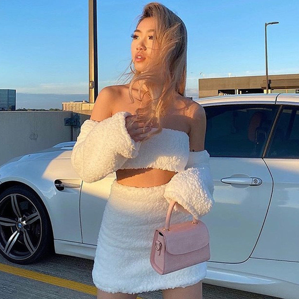 Winter Women Sexy Strapless Furry Top Bodycon Skirt Three-Piece Set 3