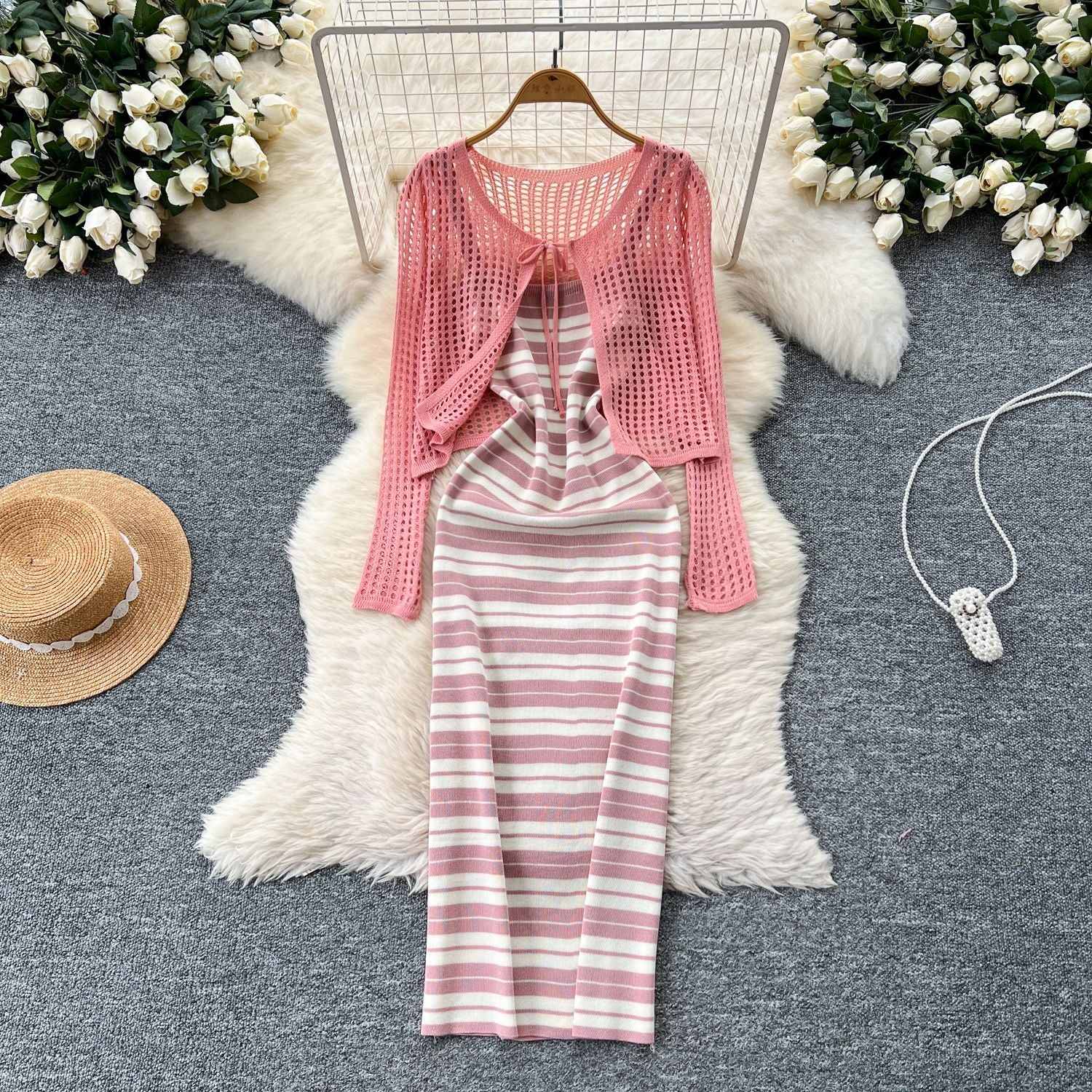 Tie Up Cardigan Low Back Strap Slim Fit Chic Stripes Knitting Dress