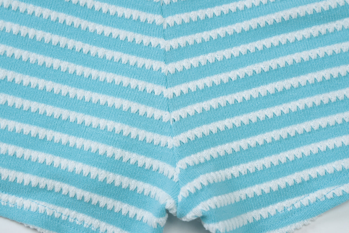 Women Summer Sexy Backless Lace-up Top Striped Shorts Two-Piece Set 17