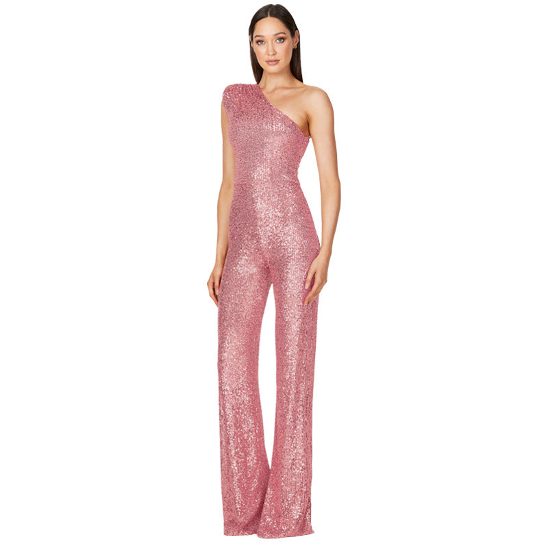Women's Sleeveless One Shoulder Low Back Sequined Jumpsuit 17