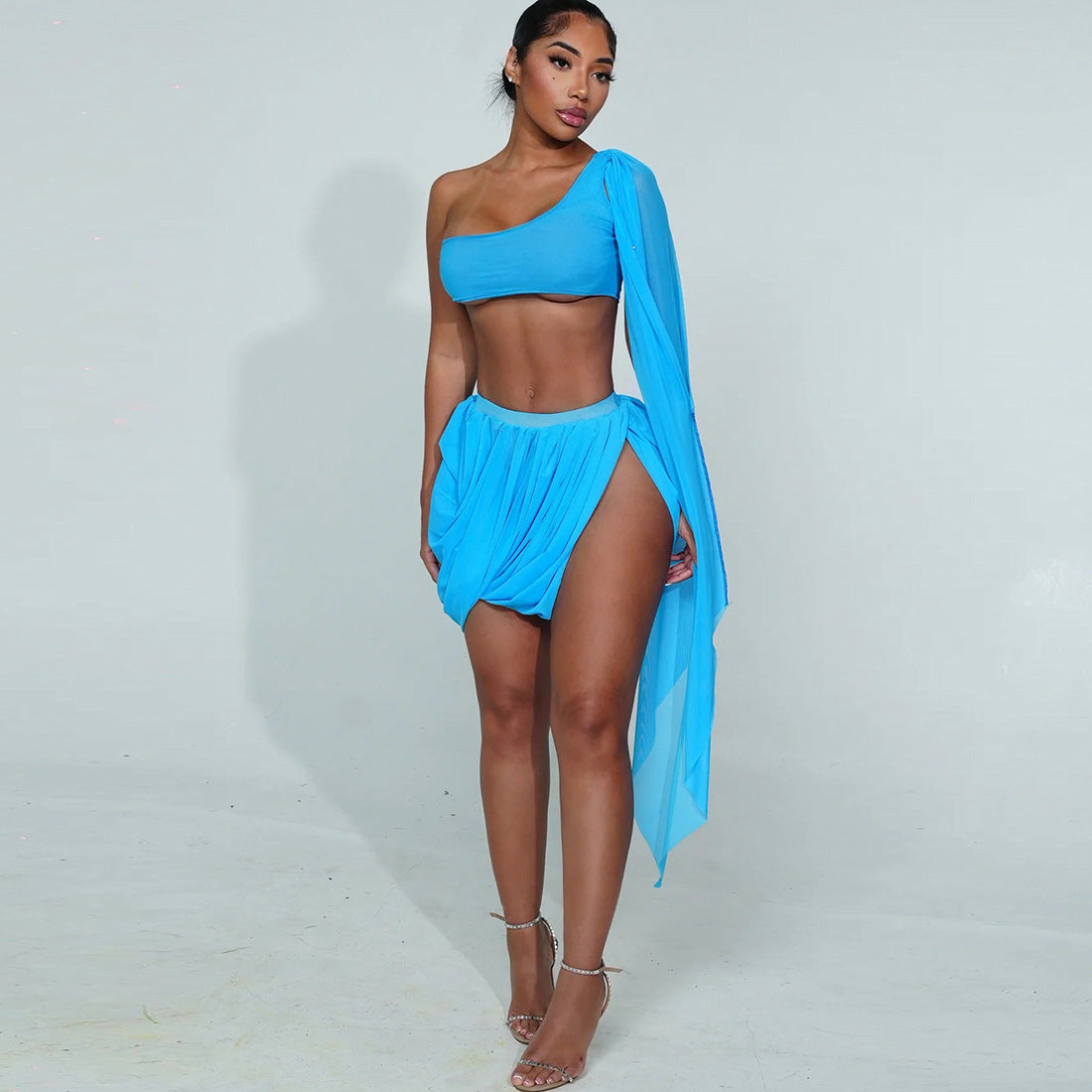 Women Fall Mesh Sexy One-Sided Long-Sleeve Crop Top with Pleated Slit Skirt Two-Piece Set 8