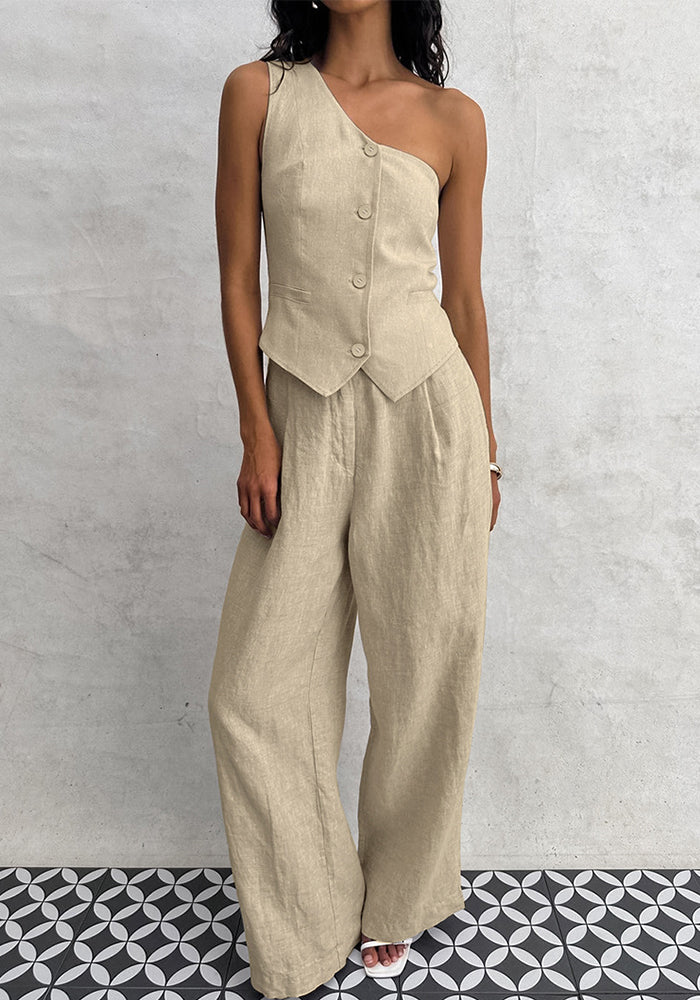 Spring Summer Linen Sleeveless Slash Shoulder Vest Wide Leg Pants Fashionable Two-Piece Set
