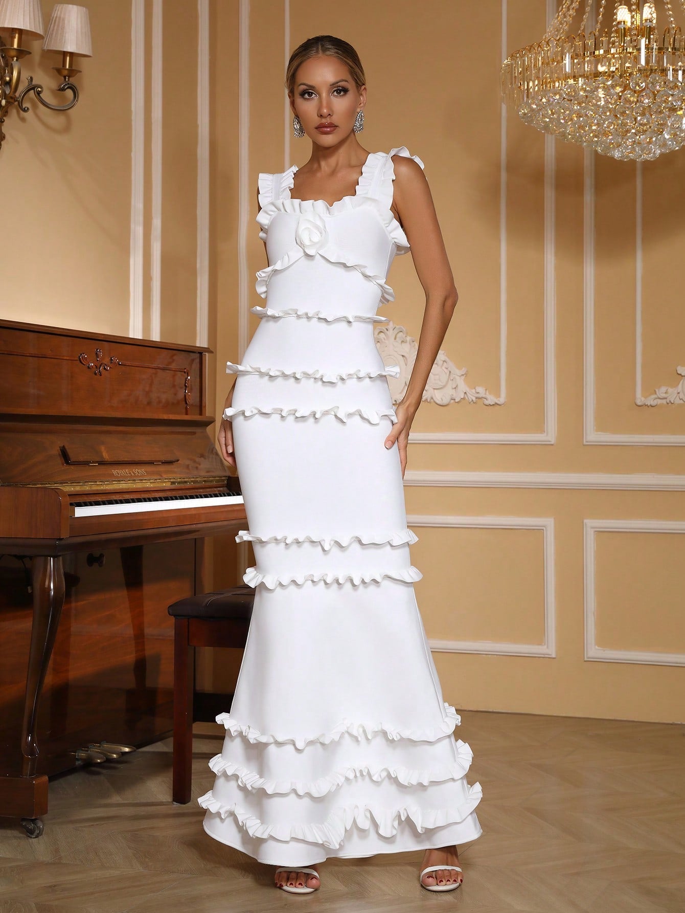 Women ruffled backless square neck bandage fishtail evening dress