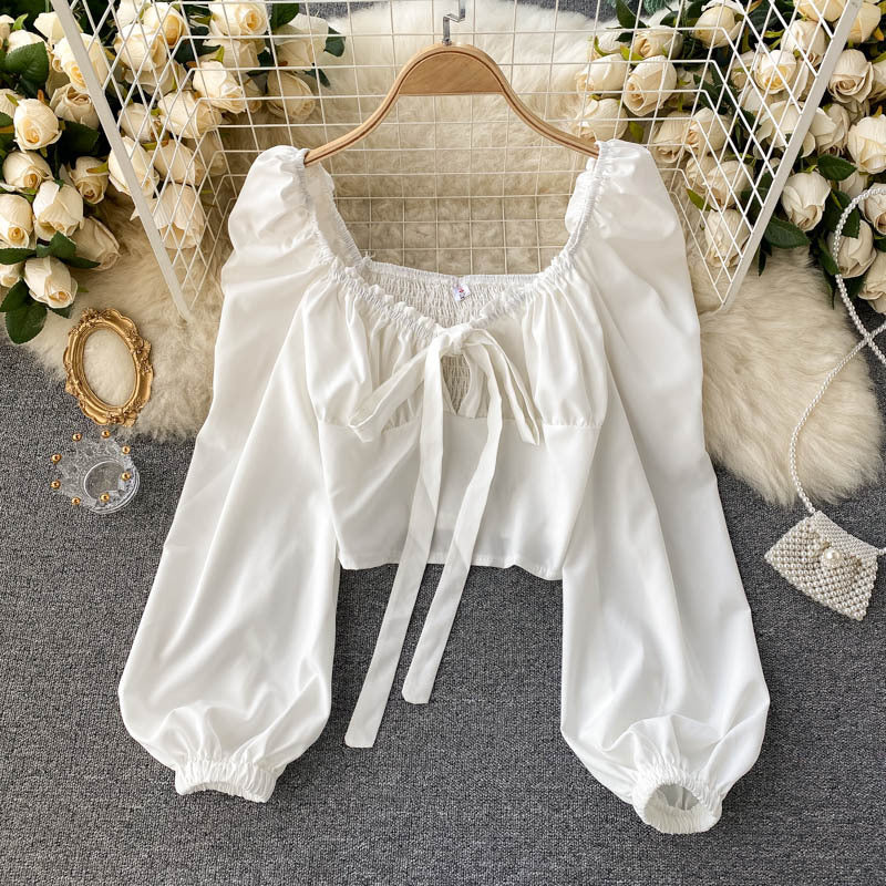 Women Pleated V-Neck Hollow Puff Sleeve Crop Top Shirt 3