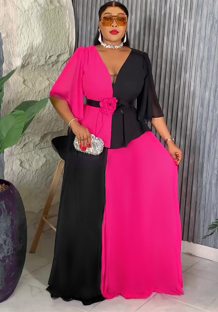 African Women's Elegant Plus Size Chiffon Patchwork Contrast Long Dress