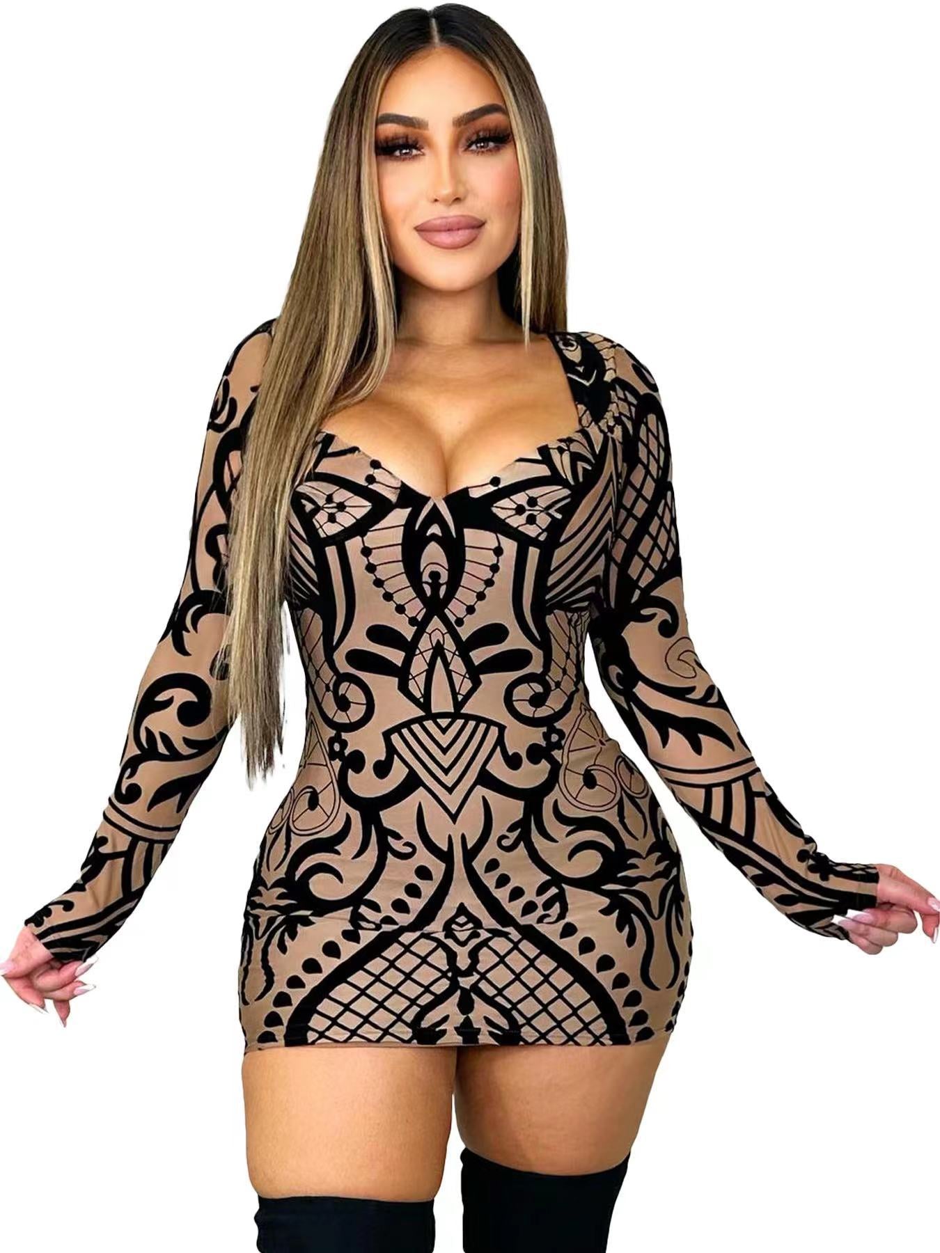 Women Brown Printed Long Sleeve Bodycon Dress 6
