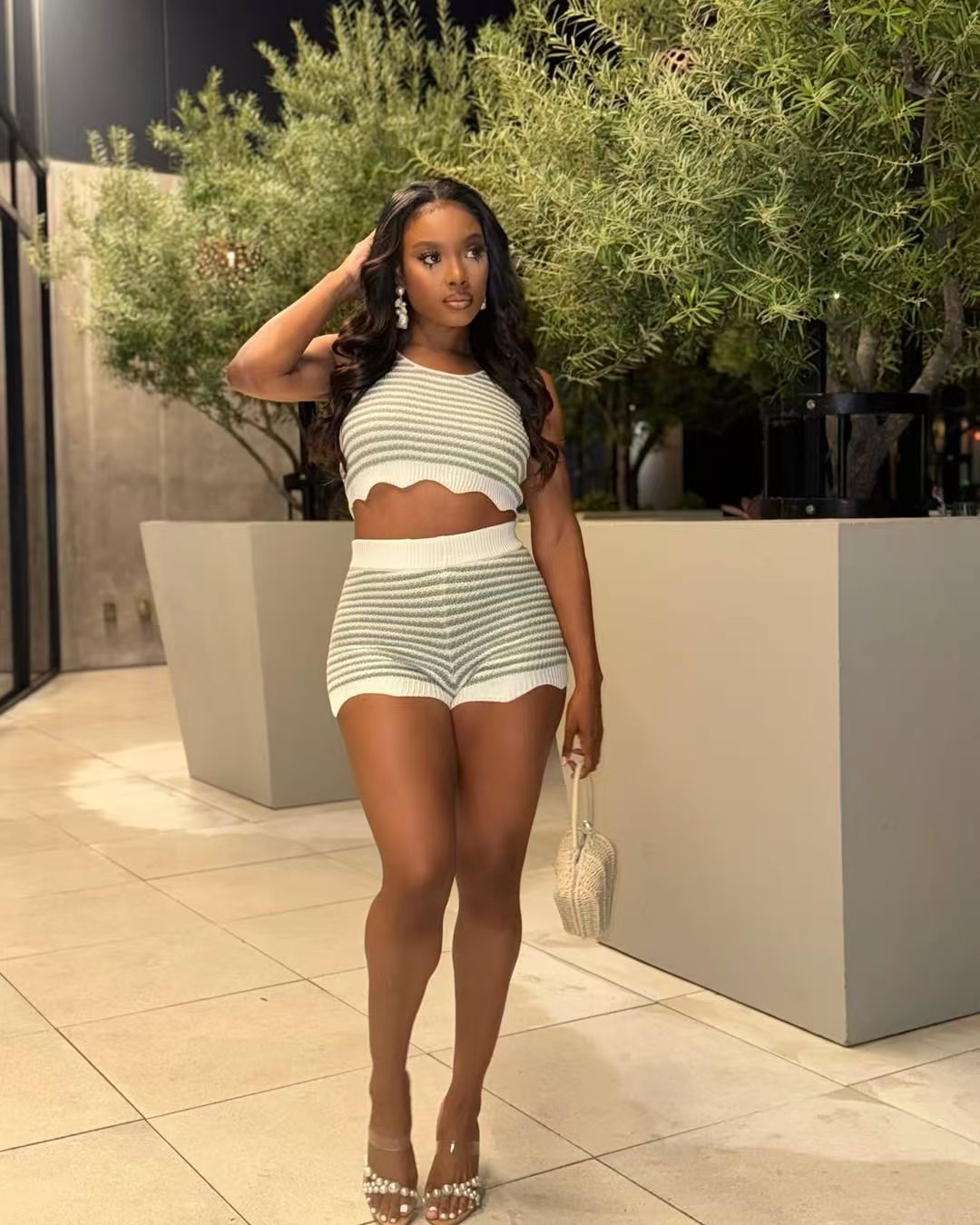 Fashion Casual Summer Contrast Color Knitting Short Sleeve Two Piece Shorts Set 6