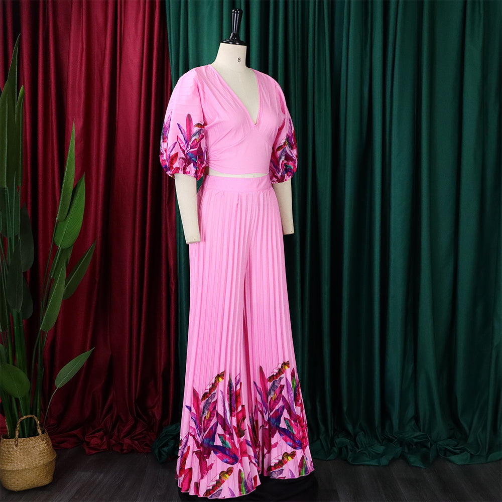 Women's Summer fashion v-neck printed top wide-leg pants two-piece suit 15