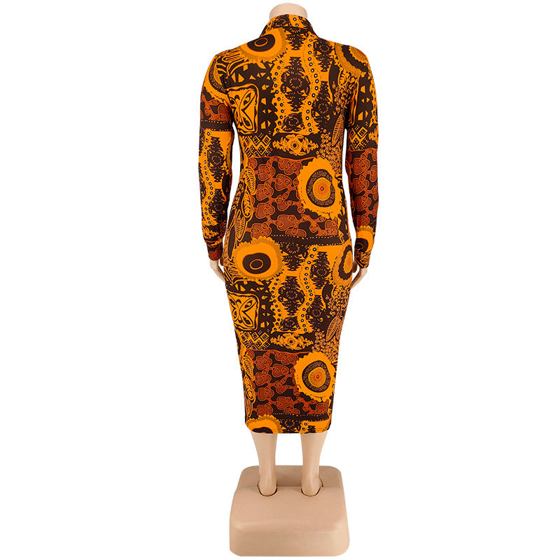 Plus Size Women Fall Long Sleeve Print Midi Dress 18