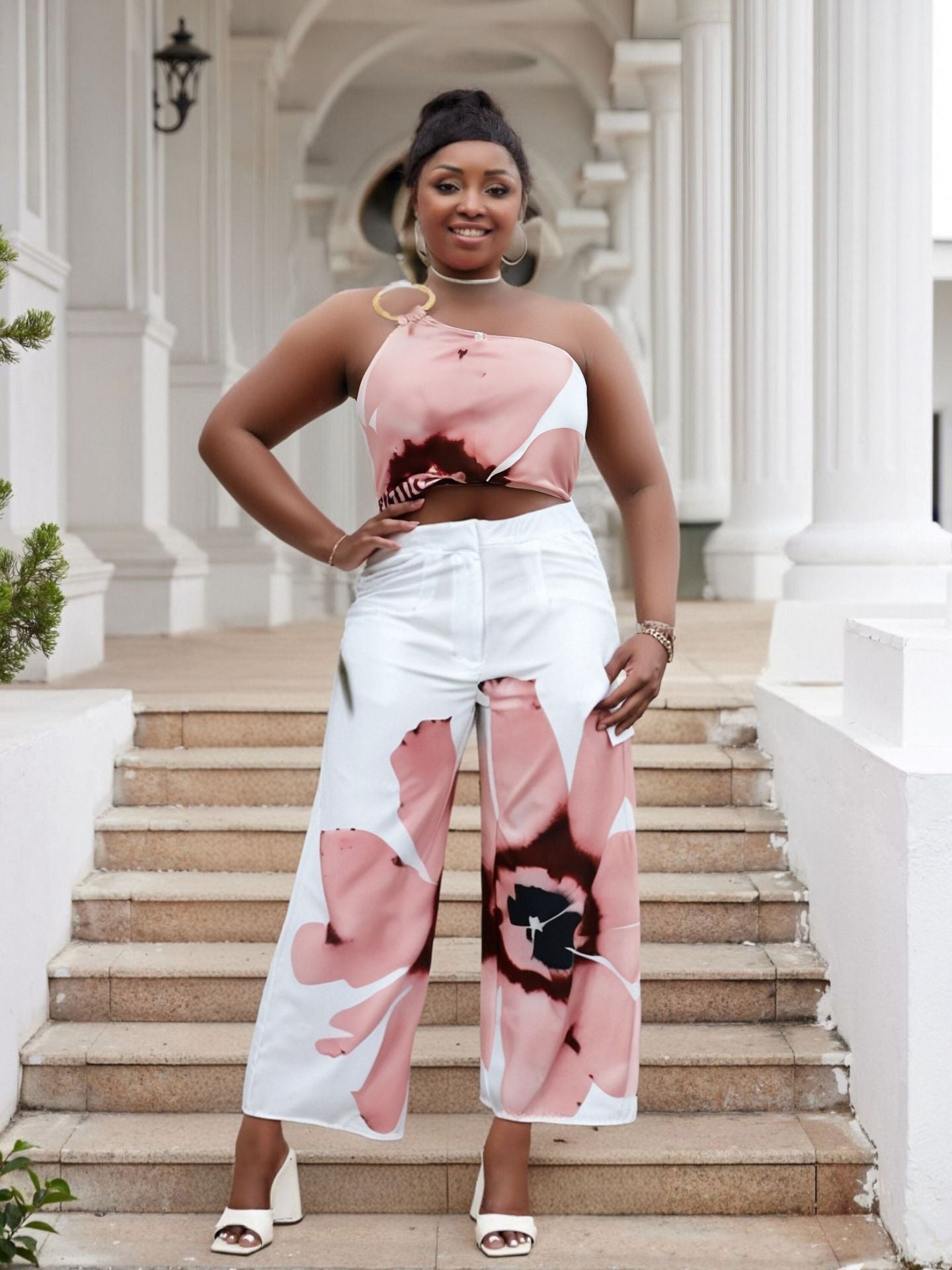Plus Size Spring/Summer Printed One Shoulder Crop Top Wide Leg Pants Two Piece Set 7