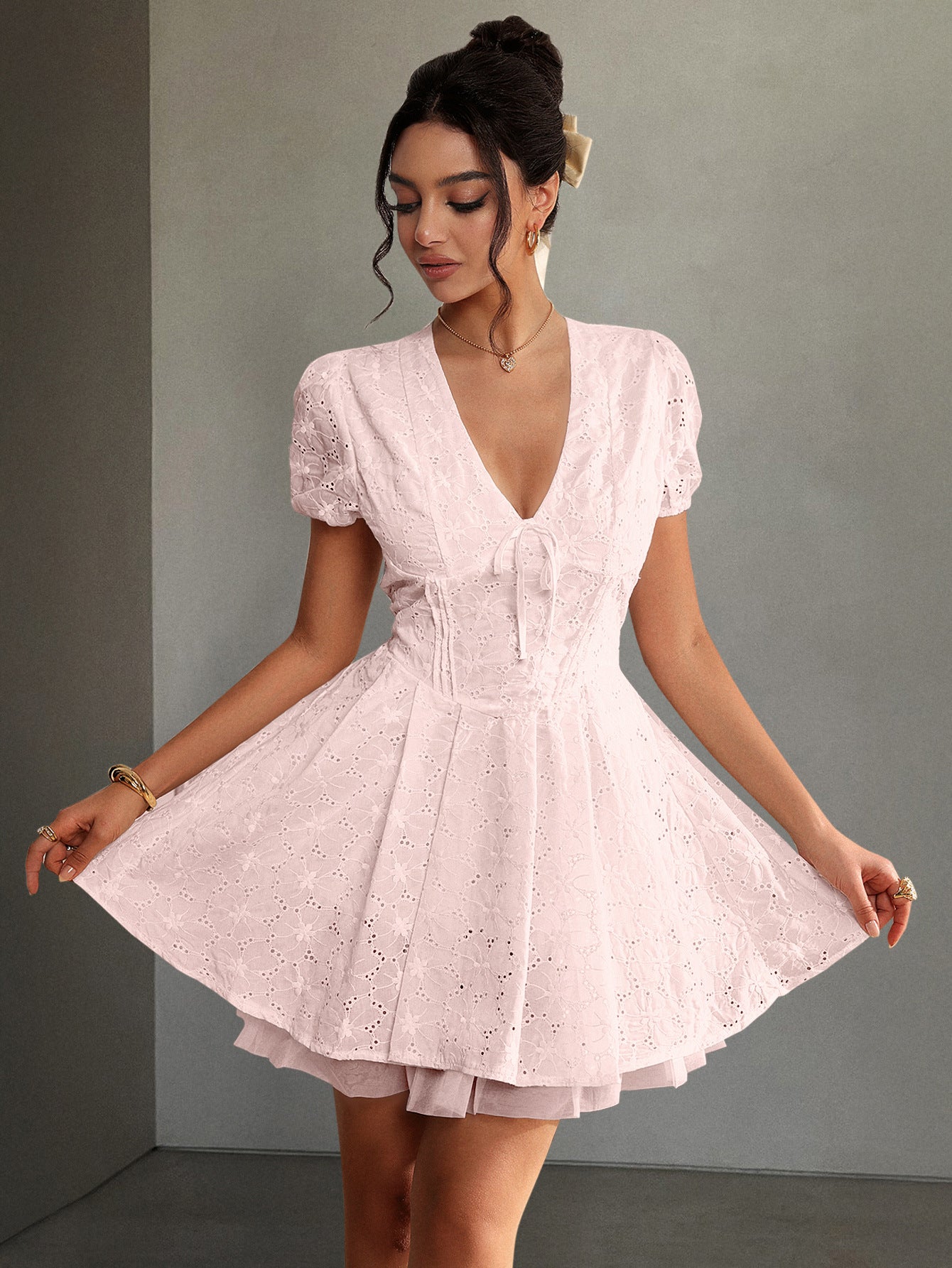 Spring/Summer Women's Elegant Deep-V Hollow Short Dress 11