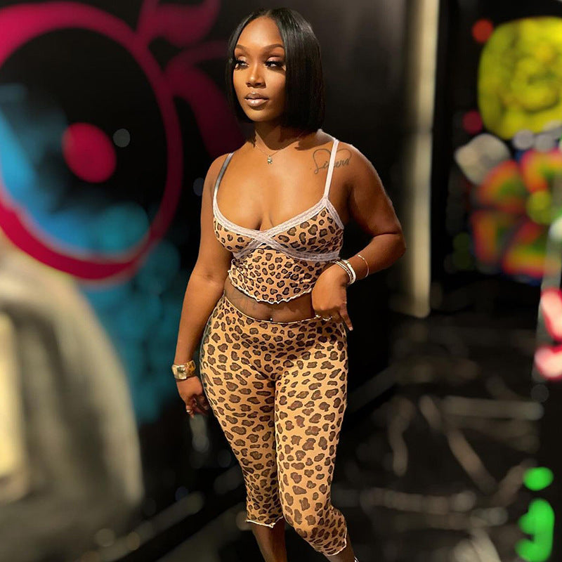 Women Spring and Summer Leopard lace Suspender Wave Edge Top and Knee-Length Shorts Two Piece Set 3