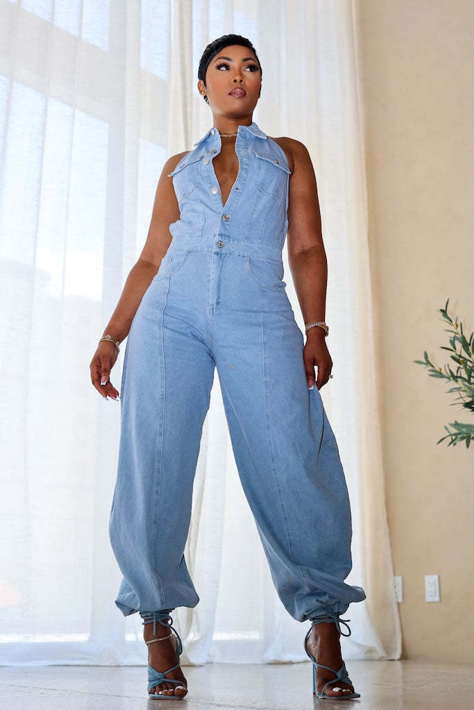 Sleeveless Low Back Washed High Stretch Casual Denim Jumpsuit 12
