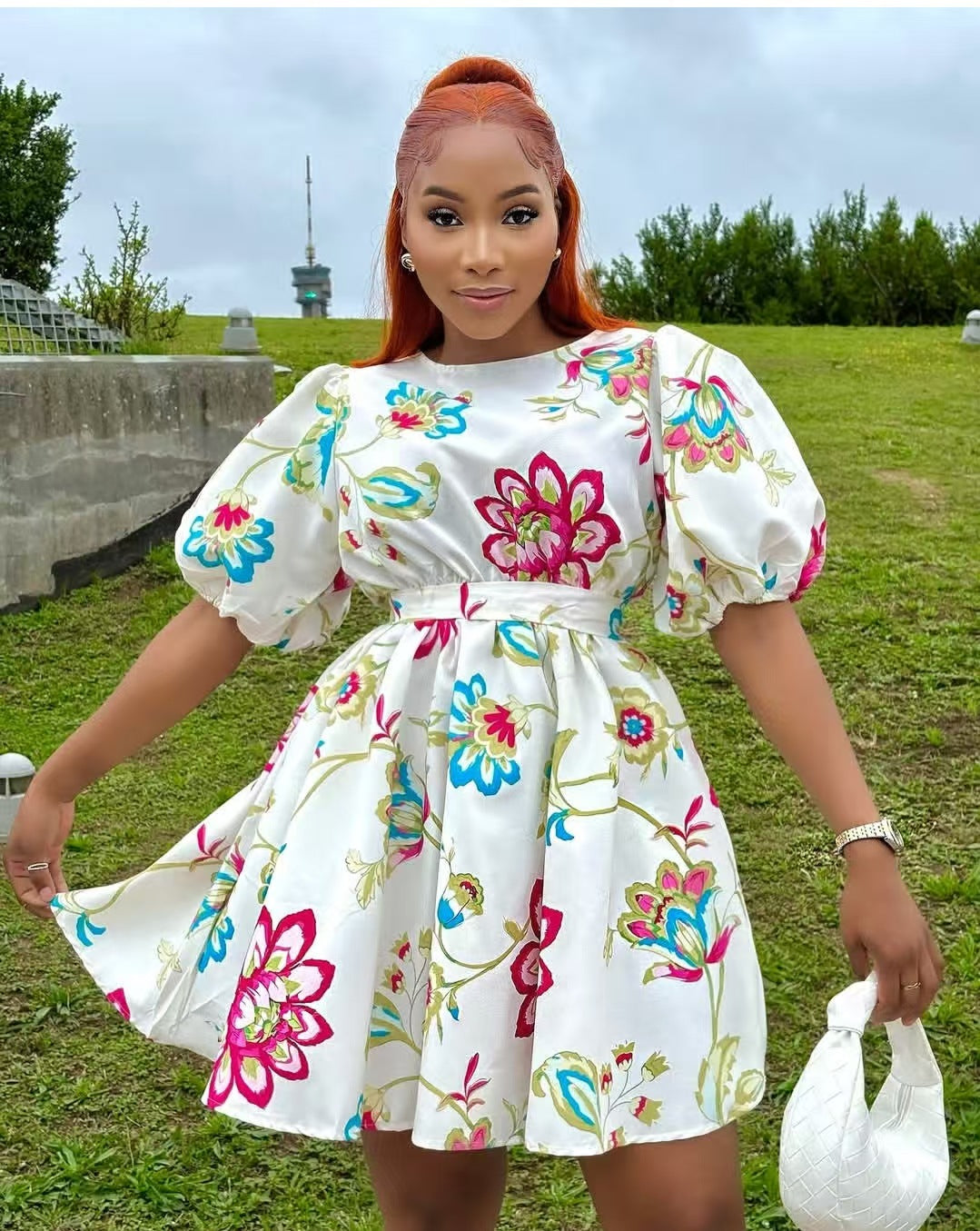 Women Summer Floral Print Puff Sleeve Mini Dress 3