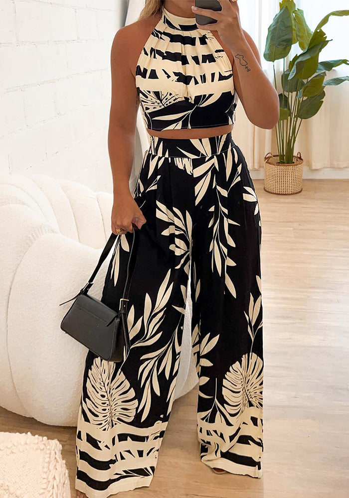 Spring Summer Women's Fashion Chic Print Halter Neck Low Back Top Straight Pants Two-Piece Set