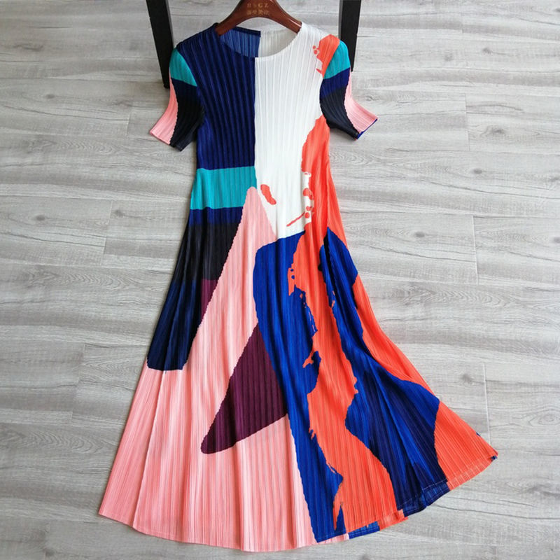 Women Summer Contrast Color Pleated Short Sleeve Dress 7