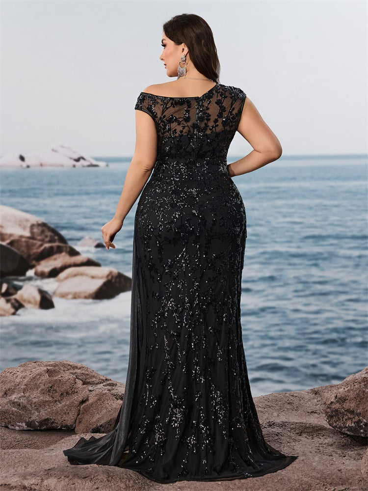 Plus Size Women's Elegant Sequin Patchwork Fitted V-Neck Sleeveless Evening Dress Mother of the Bride Gown 3