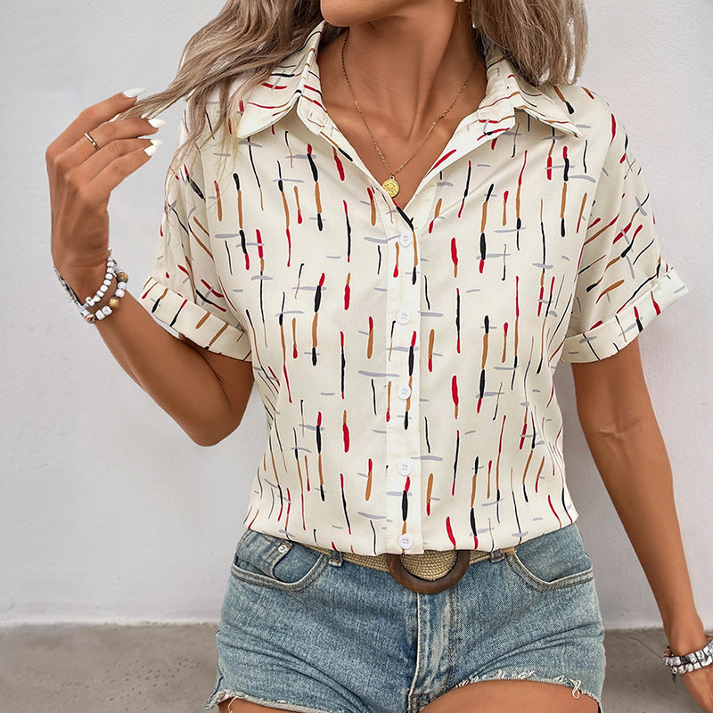 Women Summer Contrast Turndown Collar Line Print Shirt 5