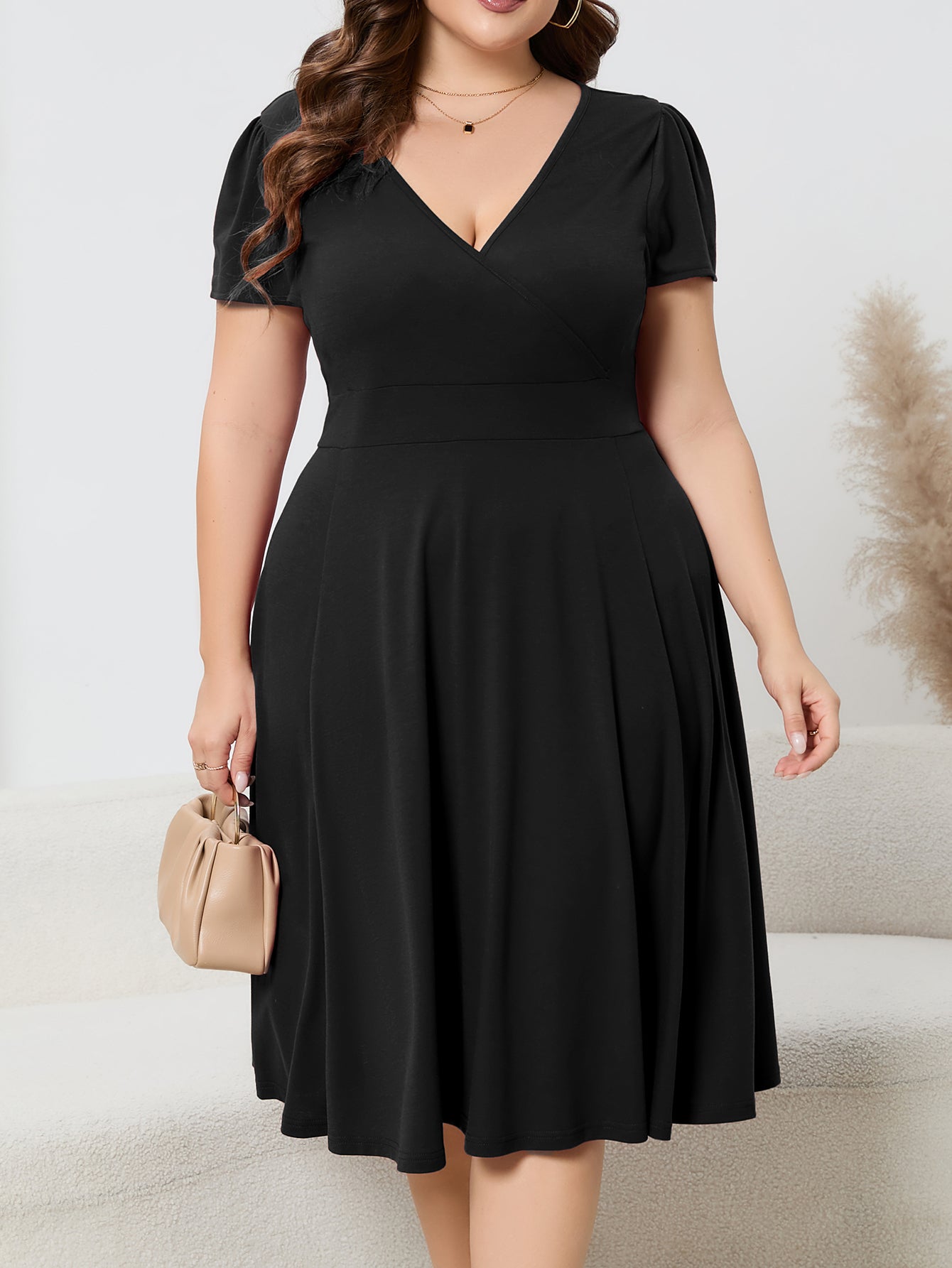 Women's Plus Size Solid Deep V-Neck Slim Waist Short Sleeve A-Line Elegant Dress 6