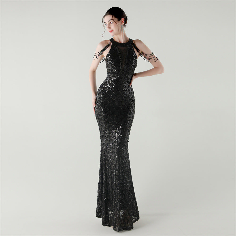 Round Neck Hollow Chain Fishtail Sequin Dress Luxury Formal Party Gown 18