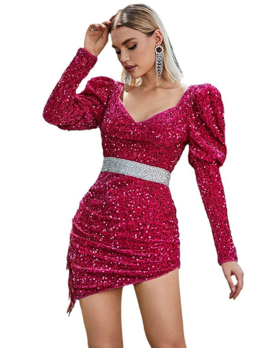Women Puff Sleeve V Neck Sequin Party Evening Dress Sexy Bodycon Dress 6