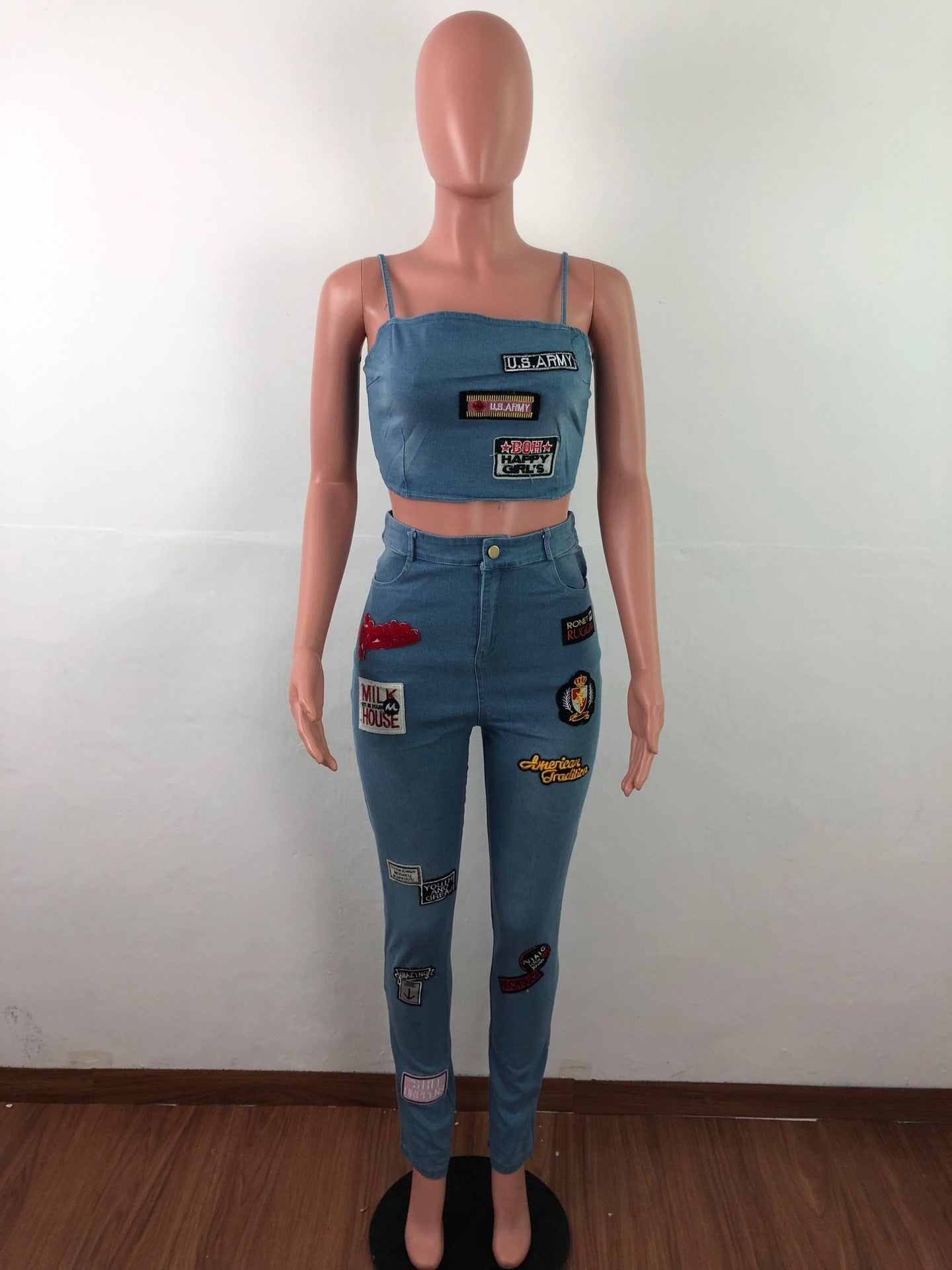 Women Sexy Cartoon Denim Top and Pant Set 9