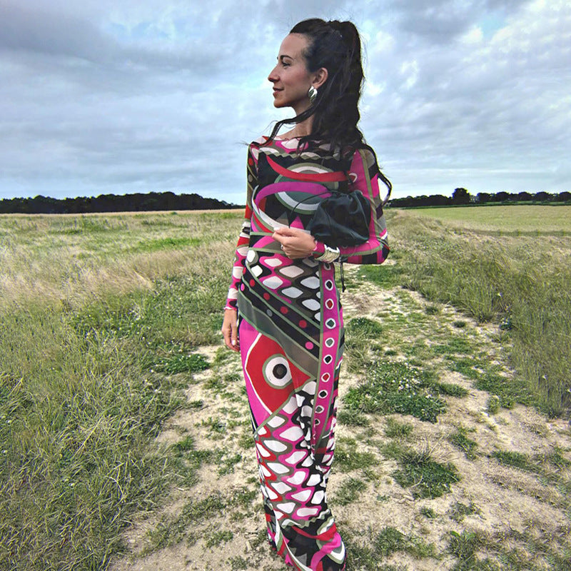 Autumn Women Fashion Trend Print Long Sleeve See-Through Long Dress 4