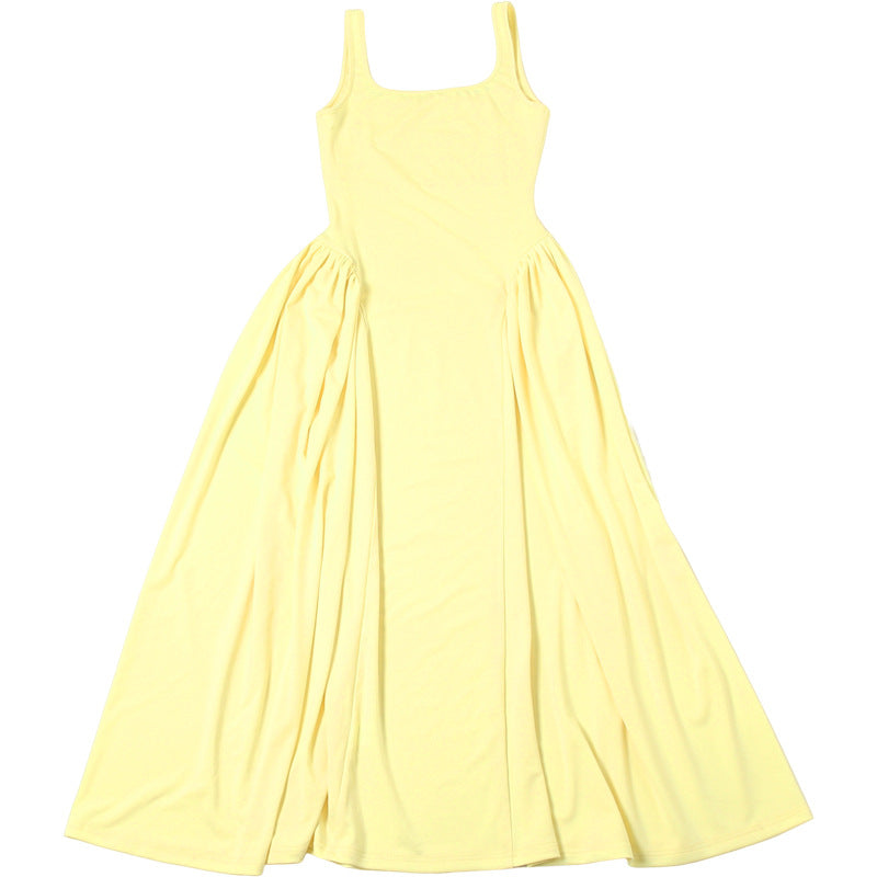 Summer Elegant Chic High Waist Solid Square Neck Strap A-line Dress 11