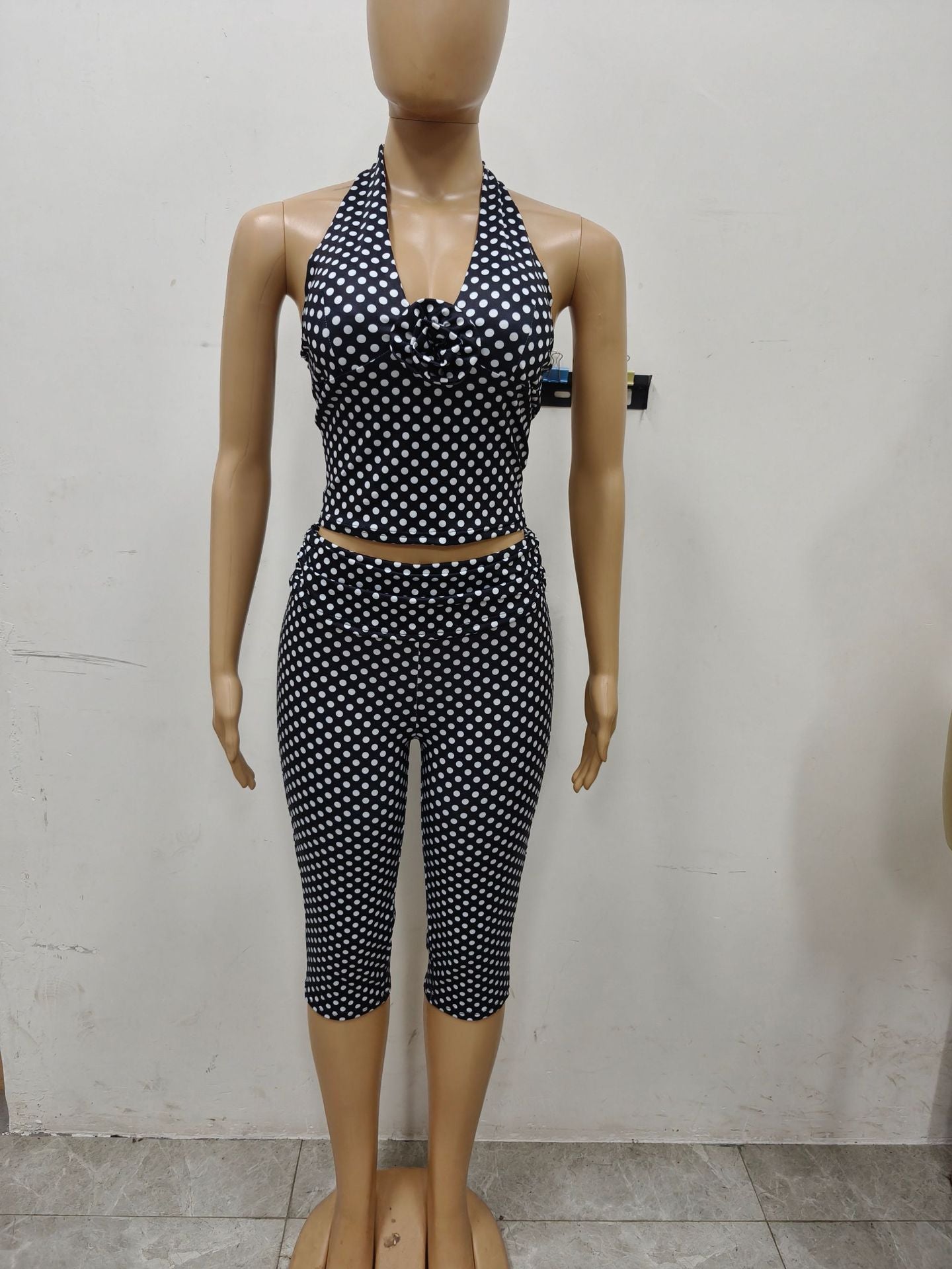 Women's Autumn Sleeveless V-Neck Halter Neck Low Back Tight Fitting Casual Two-Piece Pants Set 6