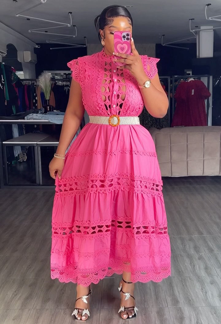 Women Vintage French Elegant Cutout Lace Patchwork Sleeveless Dress