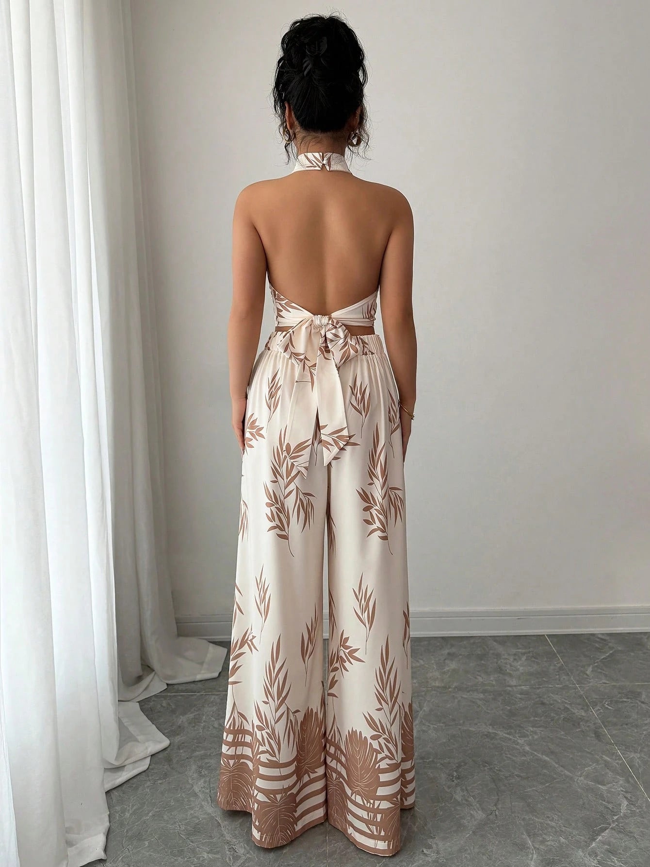 Women's Summer Holidays Chic Print Halter Neck Vest Wide Leg Pants Set