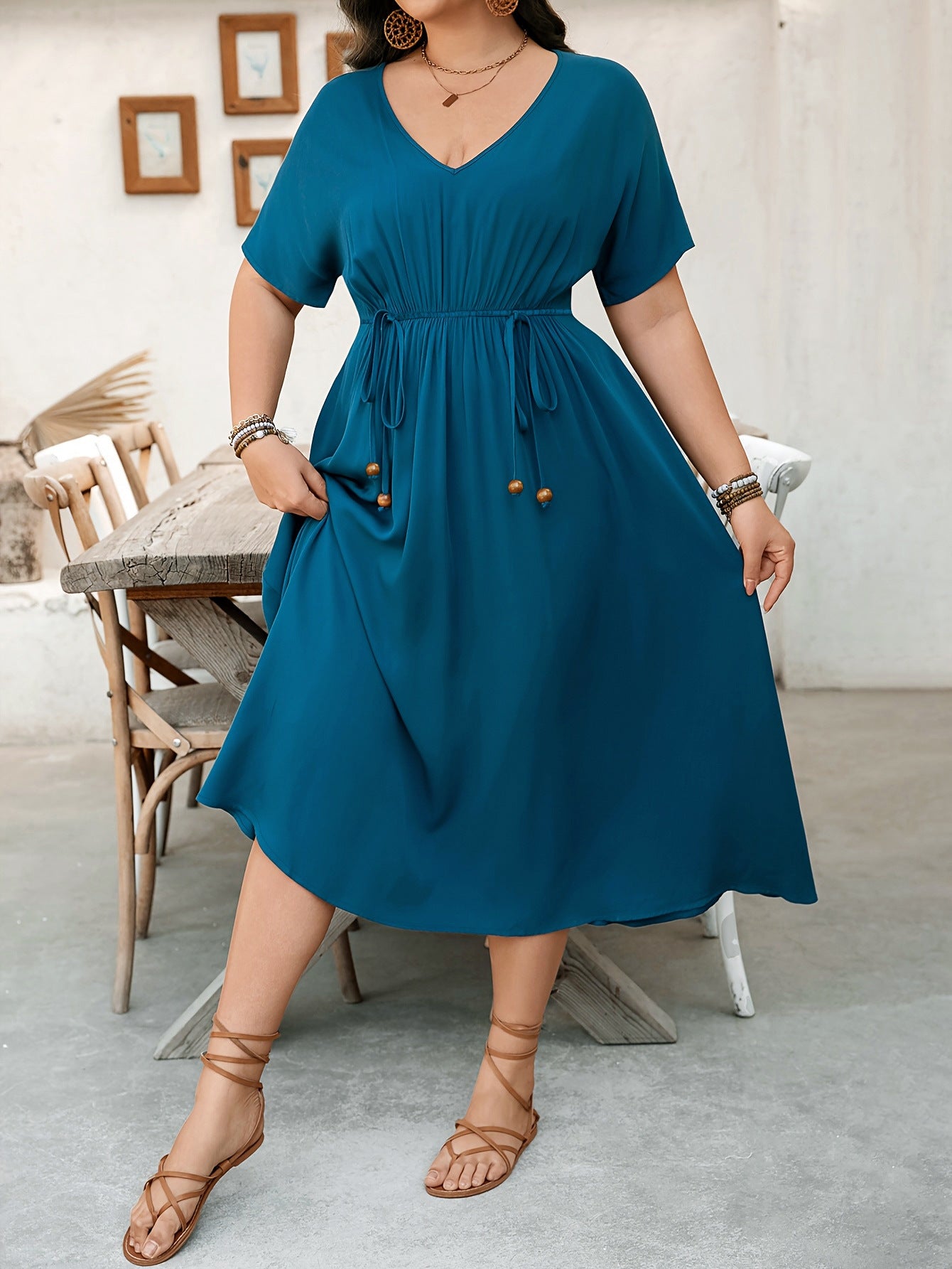 Women's Fashion Elegant V-Neck Short Sleeve Slim Waist Plus Size Dress