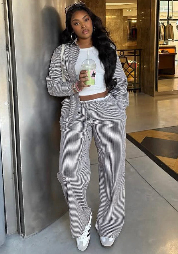 African Women long-sleeved striped shirt and contrasting wide-leg pants casual two-piece set